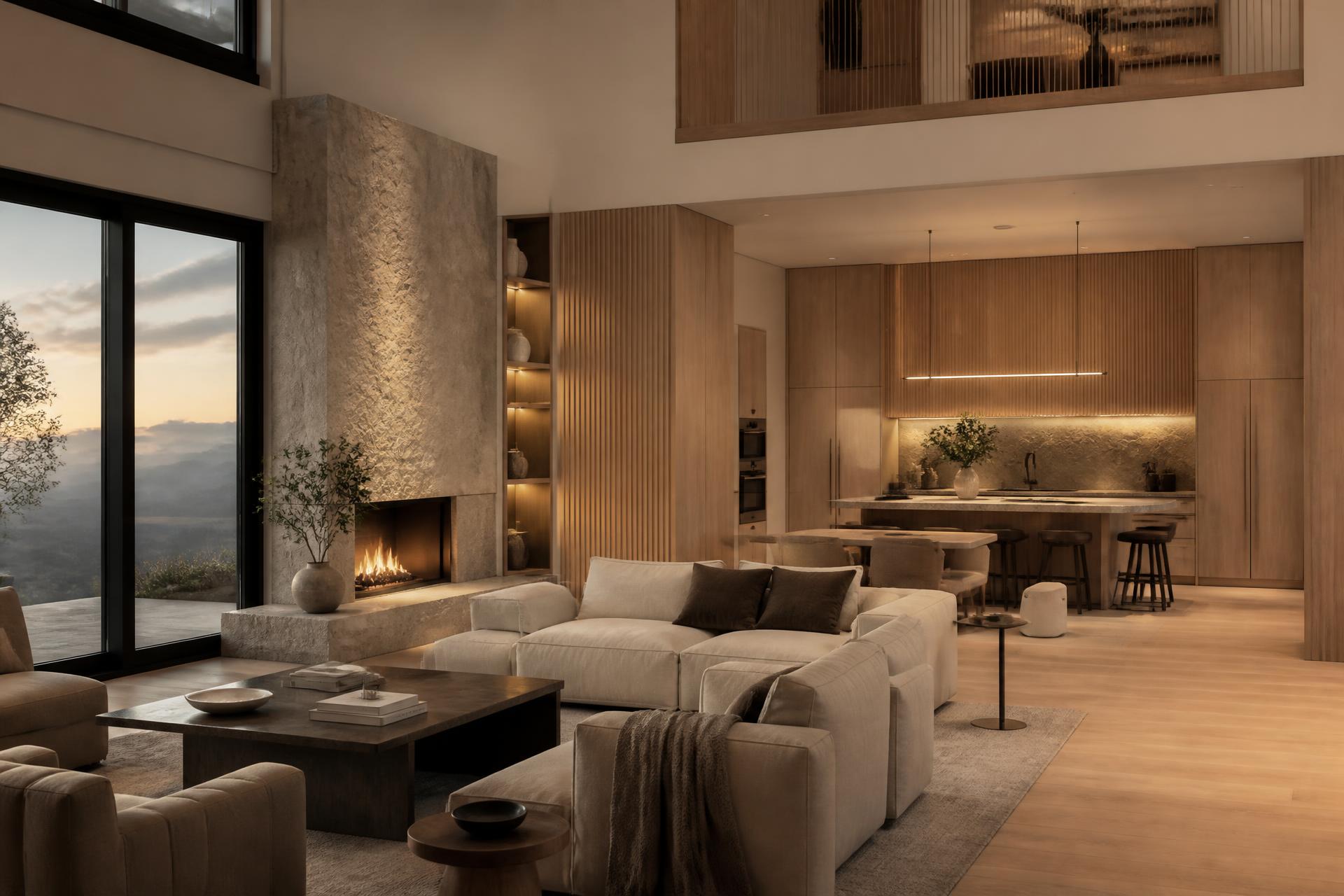 Luxury renovated open-plan living space with custom oak millwork and stone fireplace